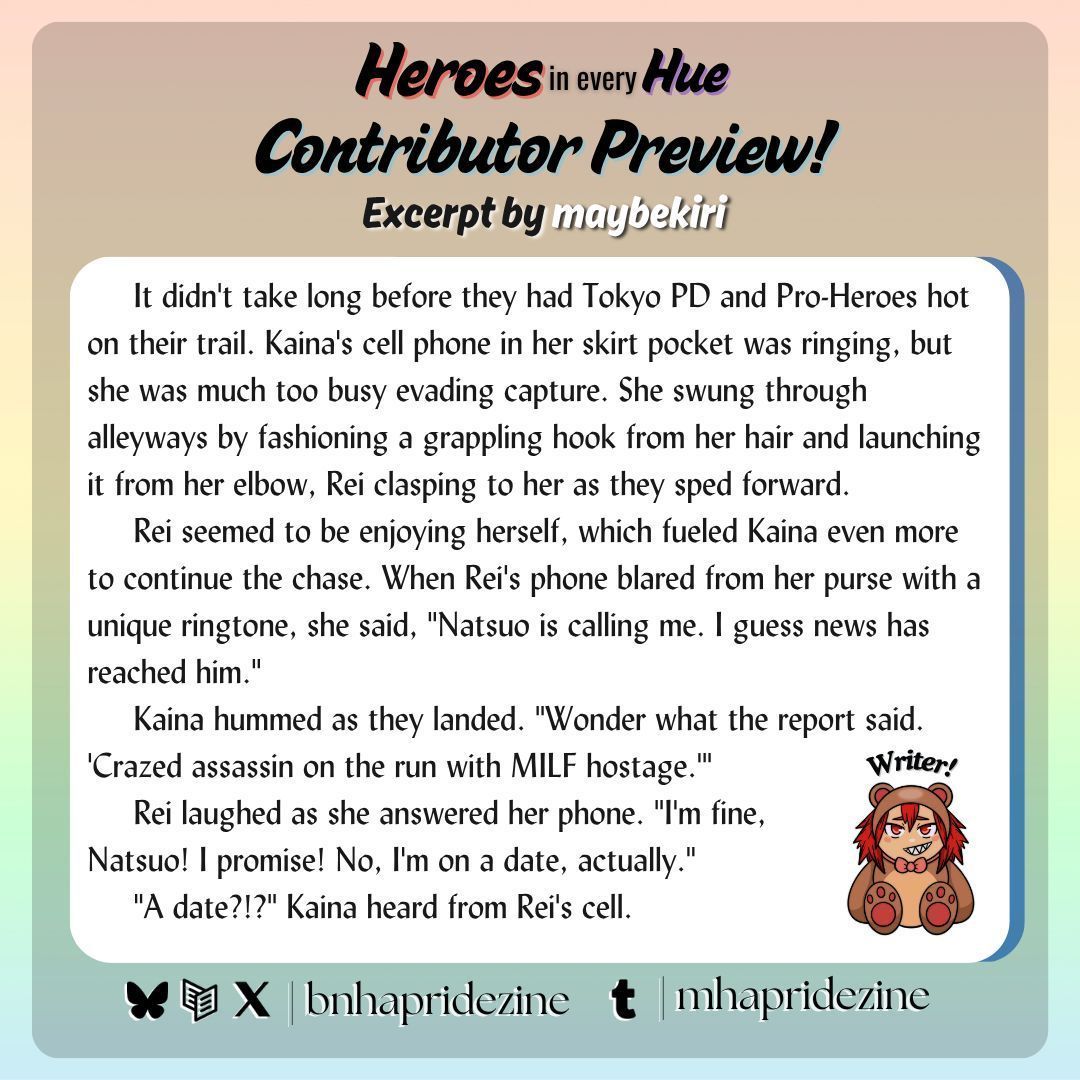 BNHAPrideZine's tweet photo. 🏳️🌈 Contributor Preview! ‼️
@maybekrishima shows us it's never too late to find yourself - even if it ends in a high-speed chase.
Shop! https://t.co/jmQPljfAvm
#contributorspotlight #spotlight #zinepromo #lgbtq #pride #trans #lgbtqpride #bnha #mha #reitodoroki #ladynagant https://t.co/9vbUPhyhlv