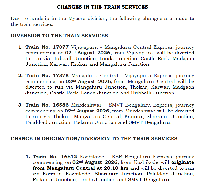 DRMPalghat's tweet photo. CHANGES IN THE TRAIN SERVICES
Due to landslip in the Mysore division, the following changes are made to the train services:
#IndianRailways #Mysore #Landslip #TrainUpdate #PassengerInfo https://t.co/SxmhIJK1Ss