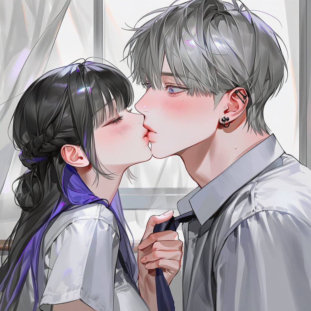 _2ve_E's tweet photo. ✦ 커플 / 우리들의 이야기

찐빠주의 ★★★★☆ ( 의상포함)

[ 공용 ] 
2::couple, two people::, 2::romantic classroom::, school uniform, short sleeves, necktie, sitting at desk, huge window, 2::blowing curtain::, 2::warm sunlight::, soft lighting, intimate atmosphere

[ 넥타이 당기는 사람 ] 
2::grabbing necktie::, 2::pulling tie::, 2::eyes closed tight::, aggressive kiss, leaning forward, concentrated, passionate kiss

[ 넥타이 당겨지는사람 ]
2::pulled by tie::, 2::surprised expression::, 2::wide eyes::, startled, unexpected kiss, blushing, leaning close