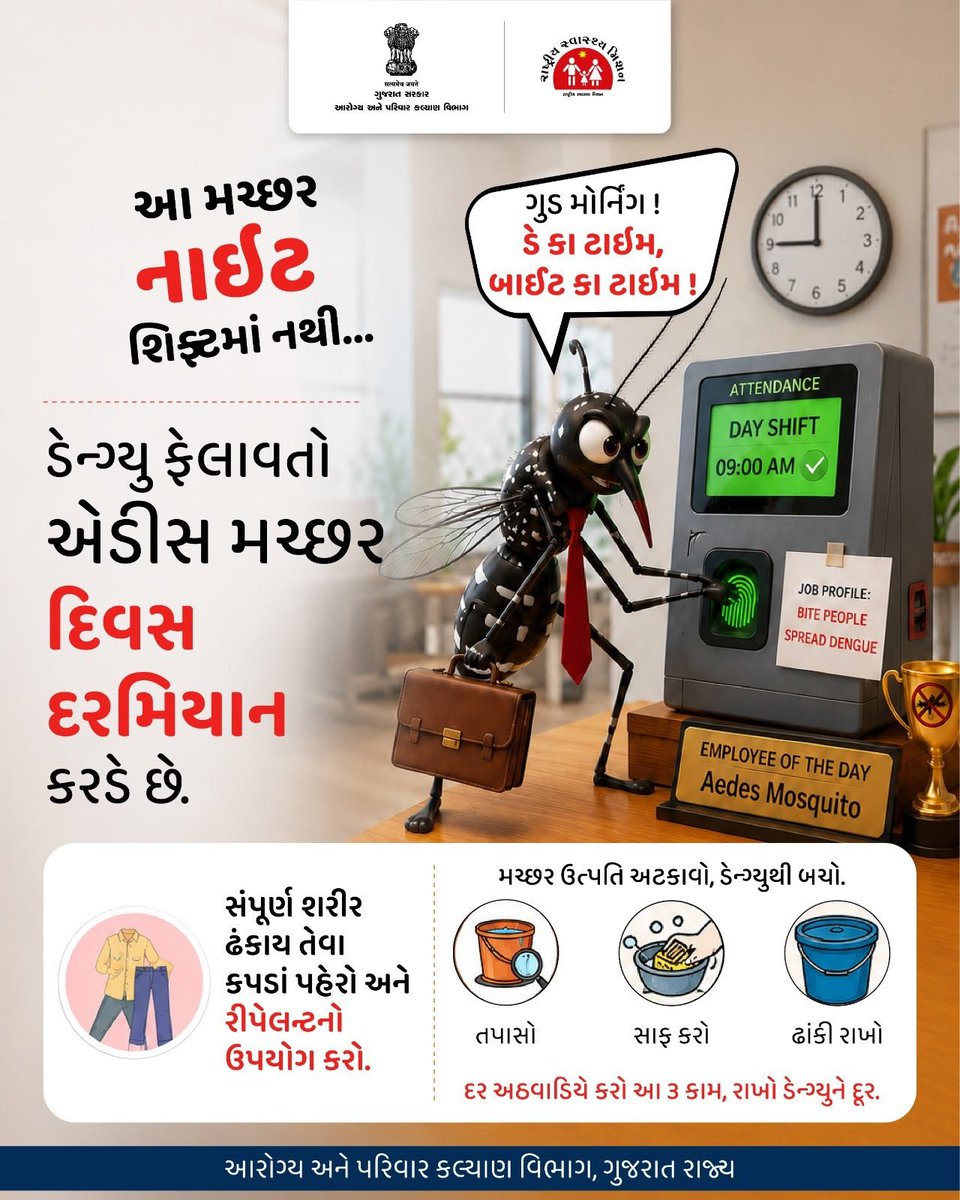 UHCBILIMORANAV's tweet photo. એડીસ મચ્છર દિવસ દરમિયાન કરડે છે. ડેન્ગ્યુથી બચવા આખો દિવસ સાવચેત રહો.

પૂર્ણ કપડાં પહેરો, રિપેલન્ટ વાપરો અને પાણી ભરાયેલા વાસણો તપાસો, સાફ કરો અને ઢાંકી રાખો.

#AarogyaGujarat #DengueAwareness #StopDengue #FightTheBite #SwasthGujarat https://t.co/EAZDlSDhCe