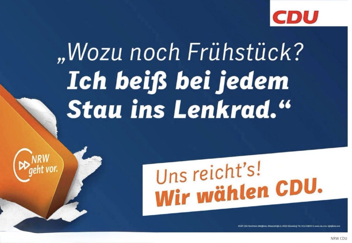 DagmarFreitag13's tweet photo. Kleiner Reminder: 
mit diesem Plakat pestete die NRWCDU 2017 gegen die SPD-geführte Regierung von Hannelore Kraft.

Wo stehen wir in #NRW in der Verkehrspolitik nach fast 10 Jahren #CDU-geführter Regierung?

#NRW = #Stauland No 1 https://t.co/HJJHHE22jo
