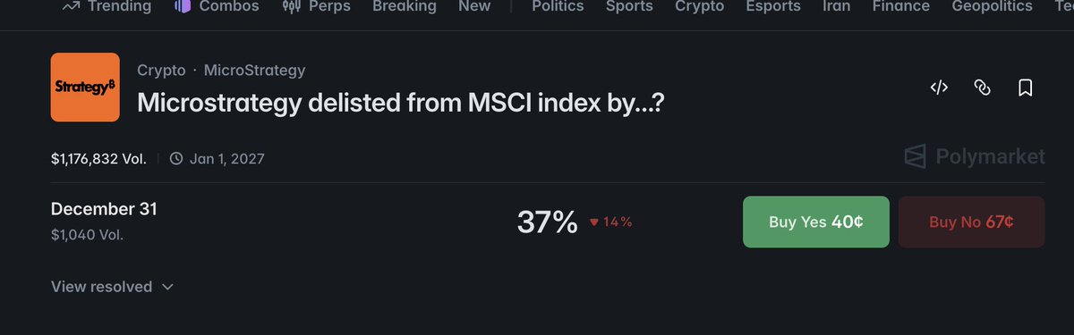50polymarket's tweet photo. The real destruction of Stategy $MSTR will come when they get delisted form the MSCI Index.

@Polymarket https://t.co/rCGDDa4ayx