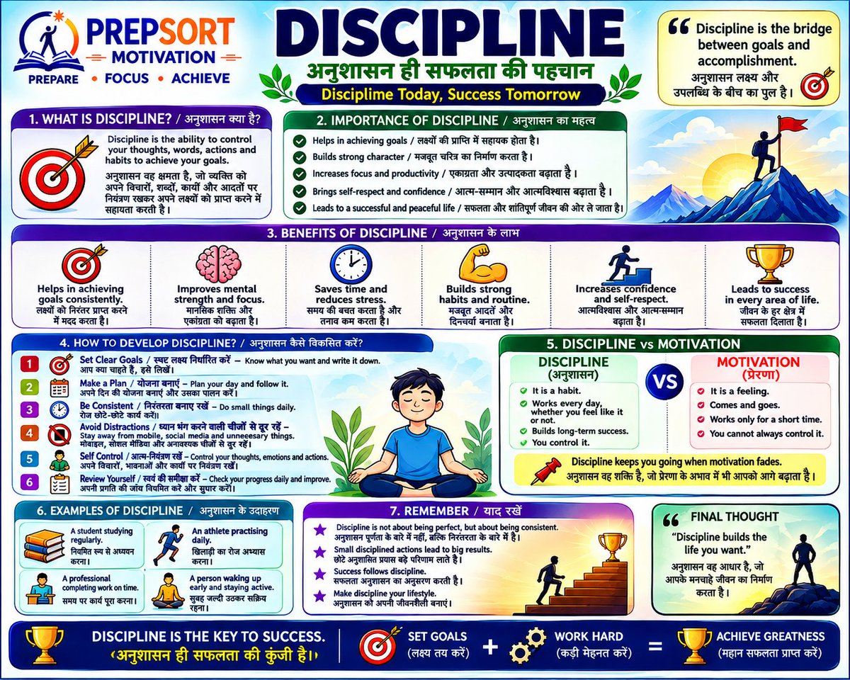 SachinMudg56786's tweet photo. Life Changing//Discipline//📌 is important for achieve any Goal, "Discipline Today, Success Tomorrow"
#discipline #GOODMORNİNG #Motivación
#upsc #uppcs #BPSCExam #rpsc https://t.co/PUpeLUCAbX