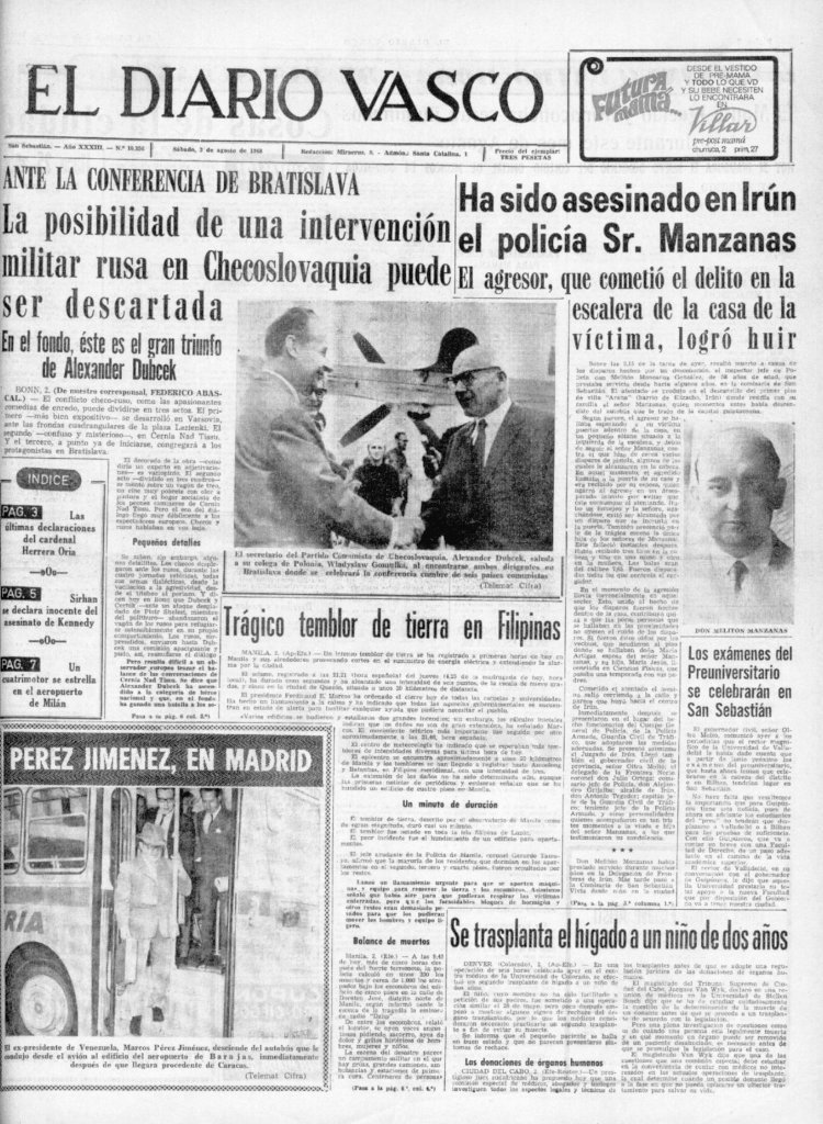 ConsuorF's tweet photo. #TalDiaComoHoy de 1968 #ETA asesinó a su segunda víctima en #Irún: Melitón Manzanas. Era jefe de la Brigada de Investigación Social, policía secreta de Franco.

Ningún asesinato tiene justificación aunque fuera un torturador. Una de sus víctimas fue: José luis López de la Calle 👇🏿