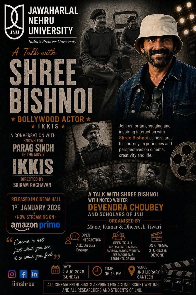 dkchoubeyjnu's tweet photo. A Talk with Shree Bishnoi with noted writer Devendra Choubey and scholars of JNU  🗓 2 August 2026 (Sunday) ⏰ 5:15 PM 📍 JNU Library Canteen  Organised by Manoj Kumar &amp; Dheeresh Tiwari                        Open for cinema enthusiasts,writers, researchers and students of JNU. https://t.co/G3BgyfmhJc