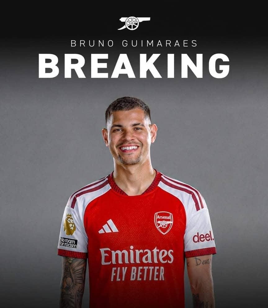 MediaMutex90365's tweet photo. *🚨JUST IN:* Bruno Guimaraes will undergo his Arsenal medical on Monday after a £77million deal has been agreed with Newcastle.

The Brazilian signs a five-year deal with the champions.

Done deal. Arsenal have got their man. https://t.co/Em1ELfL0Re