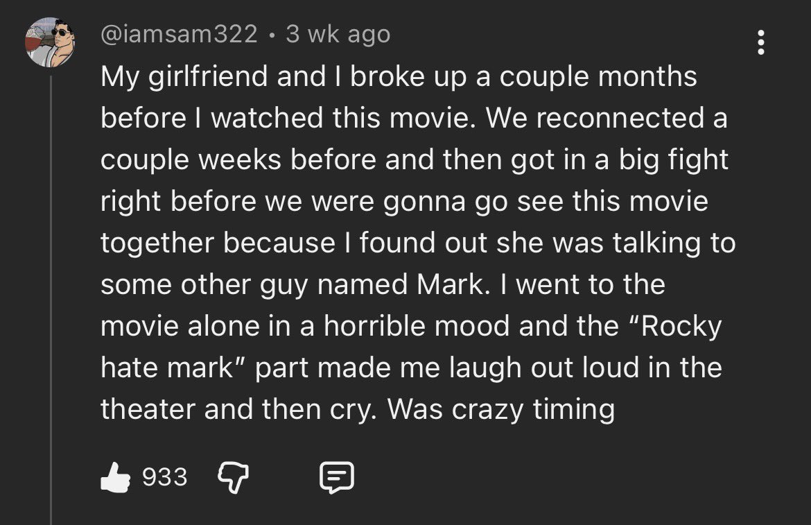 sabre_tv's tweet photo. This YouTube comment on a Project Hail Mary reaction video shows some crazy timing … ‘Rocky hate Mark’ hit really hard for this guy https://t.co/YgsohQqfQE