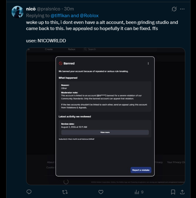 tiffikan's tweet photo. ⚠️WARNING ⚠️Roblox Community
Unfortunately, the ban wave only intensified again and entered a second round on August 1-2. thousands of players suffered specifically from enforcement bans.

❗️🚨Help promote this post repost and like it, we must reach @roblox❗️🚨

📝"NEW NOTE"📝
The new wave of bans that occurred on August 1-2 was dominated by enforcement bans caused by false account linking.

☑️I WOULD LIKE TO NOTE that Roblox has begun to correct and unban people affected only by erroneous game experience bans☑️

 🔴BUT UNFORTUNATELY, enforcement bans have not been corrected; on the contrary, they have only intensified. A new wave occurred on August 1-2🔴

‼️We must ensure that Roblox itself also initiates a ban rollback program for people affected by linked accounts; Roblox is currently ignoring them‼️

🙏Request to the @Roblox staff🙏
PLEASE Pay attention to false bans in which a player is mistakenly associated with another account, and the player cannot even appeal this decision!!!
The problem itself began much earlier, even before this ban wave, in October 2025, and continues to this day. This is most likely caused by the system incorrectly recognizing the public IP address provided by public Wi-Fi! Because of this, people are being incorrectly banned. This has affected many people who used public Wi-Fi in a public place and then received an erroneous permanent ban for linking to an unknown account. Also, due to a glitch, not everyone sees a violation in the Violations & Appeals window, although it should appear for everyone banned for an alt account. Since then, after contacting support, the moderators ask everyone to use it. This window

My account @tiffikan was also affected by the first wave of EF bans on March 3rd and is still unfairly banned, which I can't even appeal due to a website error! @Roblox, please restore access to my@tiffikan account, which was mistakenly banned due to a moderation glitch, and completely fix the issue, as if it's not fixed, anyone could get the same mistaken ban again.

@Roblox, please fix this issue and conduct a wave of unbans. The problem is widespread. Many people have already been banned for more than 1-9 months, and due to the glitch, half of them can't appeal the decision. They also need to be unbanned! #Roblox #RobloxDev @Roblox_RTC @KreekCraft