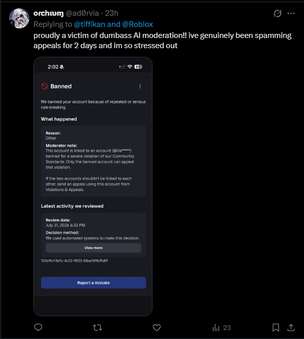 tiffikan's tweet photo. ⚠️WARNING ⚠️Roblox Community
Unfortunately, the ban wave only intensified again and entered a second round on August 1-2. thousands of players suffered specifically from enforcement bans.

❗️🚨Help promote this post repost and like it, we must reach @roblox❗️🚨

📝"NEW NOTE"📝
The new wave of bans that occurred on August 1-2 was dominated by enforcement bans caused by false account linking.

☑️I WOULD LIKE TO NOTE that Roblox has begun to correct and unban people affected only by erroneous game experience bans☑️

 🔴BUT UNFORTUNATELY, enforcement bans have not been corrected; on the contrary, they have only intensified. A new wave occurred on August 1-2🔴

‼️We must ensure that Roblox itself also initiates a ban rollback program for people affected by linked accounts; Roblox is currently ignoring them‼️

🙏Request to the @Roblox staff🙏
PLEASE Pay attention to false bans in which a player is mistakenly associated with another account, and the player cannot even appeal this decision!!!
The problem itself began much earlier, even before this ban wave, in October 2025, and continues to this day. This is most likely caused by the system incorrectly recognizing the public IP address provided by public Wi-Fi! Because of this, people are being incorrectly banned. This has affected many people who used public Wi-Fi in a public place and then received an erroneous permanent ban for linking to an unknown account. Also, due to a glitch, not everyone sees a violation in the Violations & Appeals window, although it should appear for everyone banned for an alt account. Since then, after contacting support, the moderators ask everyone to use it. This window

My account @tiffikan was also affected by the first wave of EF bans on March 3rd and is still unfairly banned, which I can't even appeal due to a website error! @Roblox, please restore access to my@tiffikan account, which was mistakenly banned due to a moderation glitch, and completely fix the issue, as if it's not fixed, anyone could get the same mistaken ban again.

@Roblox, please fix this issue and conduct a wave of unbans. The problem is widespread. Many people have already been banned for more than 1-9 months, and due to the glitch, half of them can't appeal the decision. They also need to be unbanned! #Roblox #RobloxDev @Roblox_RTC @KreekCraft