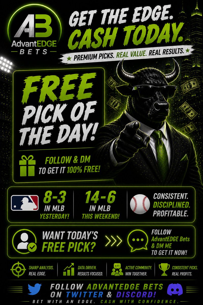 advantedgebets's tweet photo. You cannot afford to miss out again.  14-6 this weekend.  Follow and DM for our pick of the day.  Get over to discord and get them all!

https://t.co/DJXpJnbkXe

#MLBBETS #AdvantEDGEbets #WINNERS https://t.co/5GuEImSU7w