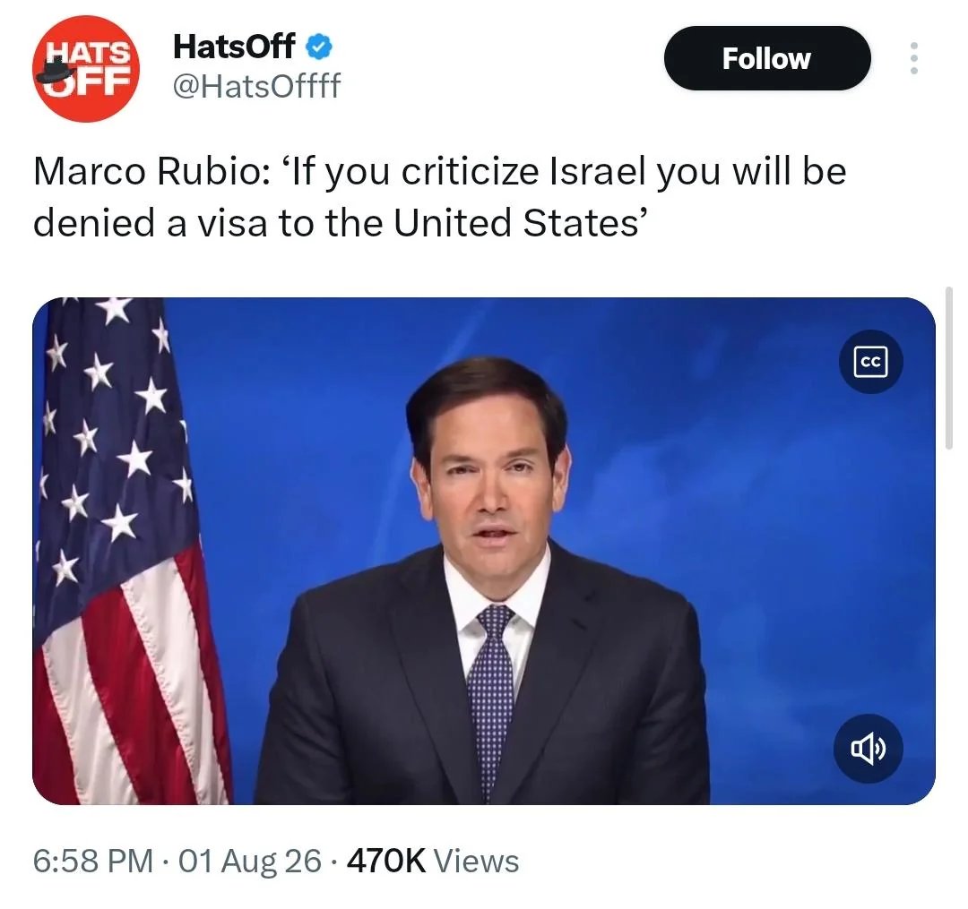 essenviews's tweet photo. If you criticize Israel you will be denied US visa... https://t.co/hikaQe57DP