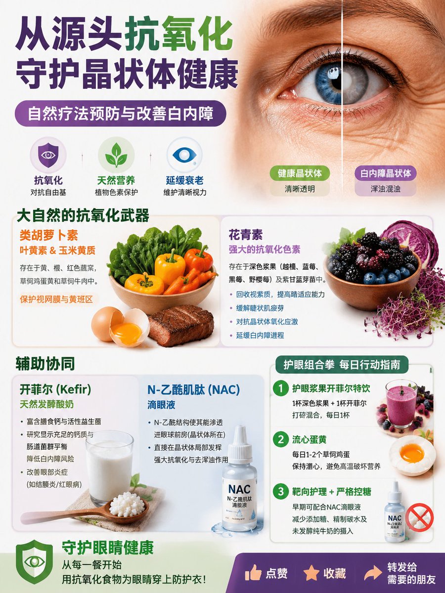 tao9020's tweet photo. 很多老人在发现白内障后，通常只能等待手术。但眼科手术并非毫无风险或完全没有后遗症——研究显示，约 42% 的白内障术后患者会出现干眼症，20% 会出现眼睑下垂，甚至伴随飞蚊症等并发症。

在病情尚未恶化到必须手术的早中期阶段，为什么不尝试副作用极小、通过自然疗法从源头干预的方式呢？

很多人会问：“科学研究在哪里？有大药企验证过吗？” 事实是：没人会为无法申请专利的天然植物和食物投入数千万美元做大规模���床试验。

但只要我们弄懂晶状体变浑浊的底层生理机制，就能用科学的自然疗法，为眼睛打一场漂亮的抗衰老防御战！

一、 晶状体是如何“生锈”的？（白内障的成因）
眼睛是对血糖和自由基极其敏感的器官。 当你长期摄入高碳水化合物饮食导致高血糖时，体内会产生大量的氧化应激（Oxidative Stress）。

你可以把氧化应激想象成汽车金属在盐水里“生锈”的过程。 随着年龄增长，人体自身合成的内源性抗氧化剂逐渐减少。如果饮食不当、高糖高碳水，眼睛的晶状体就会像生锈的玻璃一样逐渐失去通透性，进而诱发白内障、黄斑变性以及夜盲症。

二、 大自然的抗氧化武器：植物色素

既然白内障是眼睛“生锈”的过程，除锈与防锈的关键就在于抗氧化。大自然在植物中赋予了我们强大的抗氧化色素：

类胡萝卜素（叶黄素与玉米黄质）：
存在于黄、橙、红色的蔬菜，以及草饲鸡蛋黄和草饲牛肉中。（传统饲养的鸡通常需要添加合成色素，而真正的草饲蛋黄含有丰富的天然类胡萝卜素）。它们能保护视网膜与黄斑区。

花青素（Anthocyanins）：
存在于红、紫、蓝色的深色浆果（如越橘、蓝莓、黑莓、野樱莓）及红卷心菜（紫甘蓝）芽苗中。

作用机制：能帮助回收视紫质（提高暗适应能力）、缓解睫状肌疲劳、对抗晶状体氧化应激，早期干预有助于降低白内障风险，甚至延缓其进程。

三、 辅助协同：发酵乳制品与特定抗氧化剂

开菲尔（Kefir，天然发酵酸奶）：
富含膳食钙与活性益生菌。研究显示，充足的天然钙质与肠道菌群平���与降低白内障风险密切相关。它对改善眼部炎症（如结膜炎/红眼病）也有潜在帮助。

N-乙酰肌肽（N-Acetylcarnosine, NAC）滴眼液：
(⚠️ 注意区分：眼睛抗氧化使用的是 N-乙酰肌肽，而非护肝用的 N-乙酰半胱氨酸)。

肌肽本身难以穿透眼球表面，而“N-乙酰”结构使其能够渗透进眼球前房（即晶状体所在的位置），直接在晶状体局部发挥强大的抗氧化与去浑浊作用。

想要预防和改善白内障，可以在日常生活中落实以下“护眼组合拳”：

1. 每日一杯“护眼浆果开菲尔特饮”
食材：1 杯富含花青素的深色浆果（蓝莓、黑莓、野樱莓等） + 1 杯草饲全脂无糖开菲尔（Kefir）。

做法：放入料理机打碎混合，若太浓稠可加适量清水，每天饮用一杯。

功效：为晶状体和黄斑区提供高浓度的花青素、天然钙质与益生菌，强力抵御���化应激。

2. 补充“流心蛋黄”
每天食用 1–2 个草饲鸡蛋，保持溏心/流质蛋黄状态（避免高温破坏营养）。蛋黄中的叶黄素、玉米黄质与胆碱能有效滋润眼球，缓解干眼症。

3. 搭配靶向护理与控糖
局部靶向：如有早期晶状体浑浊倾向，可在专业指导下配合使用 N-乙酰肌肽（NAC）滴眼液。

切断源头：严格控糖！ 减少添加糖、精制碳水及未发酵纯牛奶（含有较多乳糖）的摄入，从源头减少高血糖带来的眼部“生锈”损伤。

守护眼睛健康，从来不是等到看不清了再去手术。从今天的每一餐开始，用抗氧化食物为你的眼睛穿上防护衣！

如果你觉得这个健康知识对你有帮助，欢迎点赞、收藏，并转发给身边需要的朋友！关注我，我们一起解锁更多源头营养学知识，开启由内而外的活力人生！