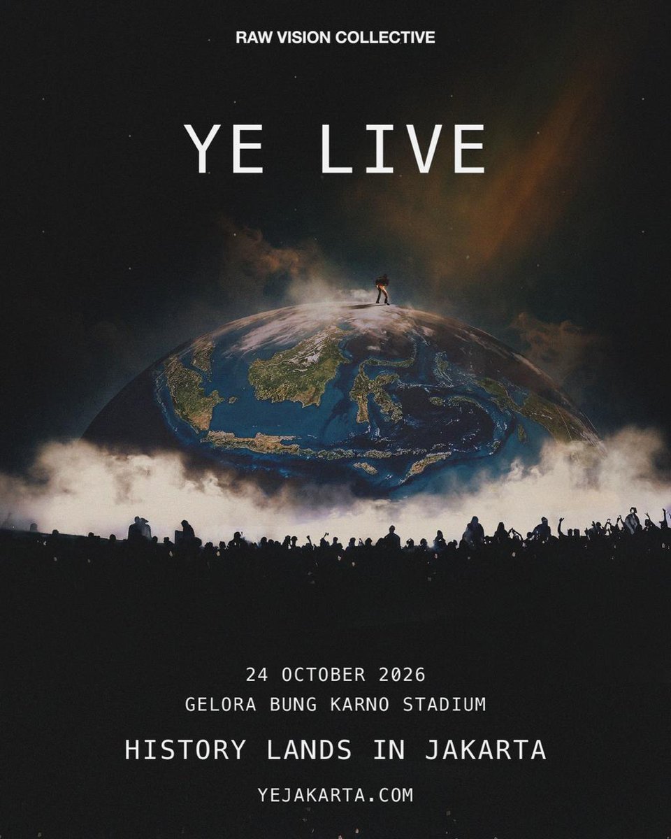 RAWvision_id's tweet photo. The globe will be in fulldisplay at Gelora Bung Karno.

Experience the greatest production stage in history. 

YE.
Live in Jakarta, Indonesia.
24 October 2026.
Gelora Bung Karno Stadium.

Tickets available now at https://t.co/WCMwh71n1v.

c @sebastien_nagy https://t.co/XoYbV21Xgy