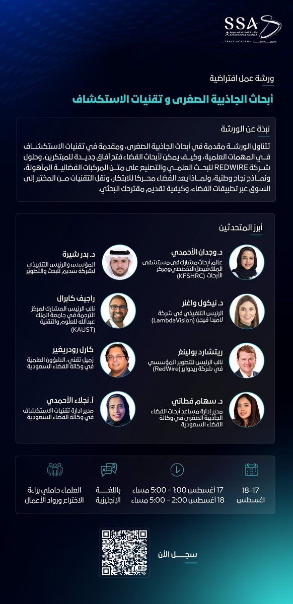 saudispace's tweet photo. تدعوكم #أكاديمية_الفضاء التابعة لـ #وكالة_الفضاء_السعودية،لحضور ورشة العمل الافتراضية"أبحاث الجاذبية الصغرى و تقنيات الاستكشاف" لحاملي براءات الاختراع ورواد الأعمال، للتعرف على أبحاث الجاذبية الصغرى وتقنيات الاستكشاف في المهمات العلمية، واستكشاف فرص الابتكار في قطاع الفضاء.

سجل الآن:
https://t.co/wjW3CF3o5D