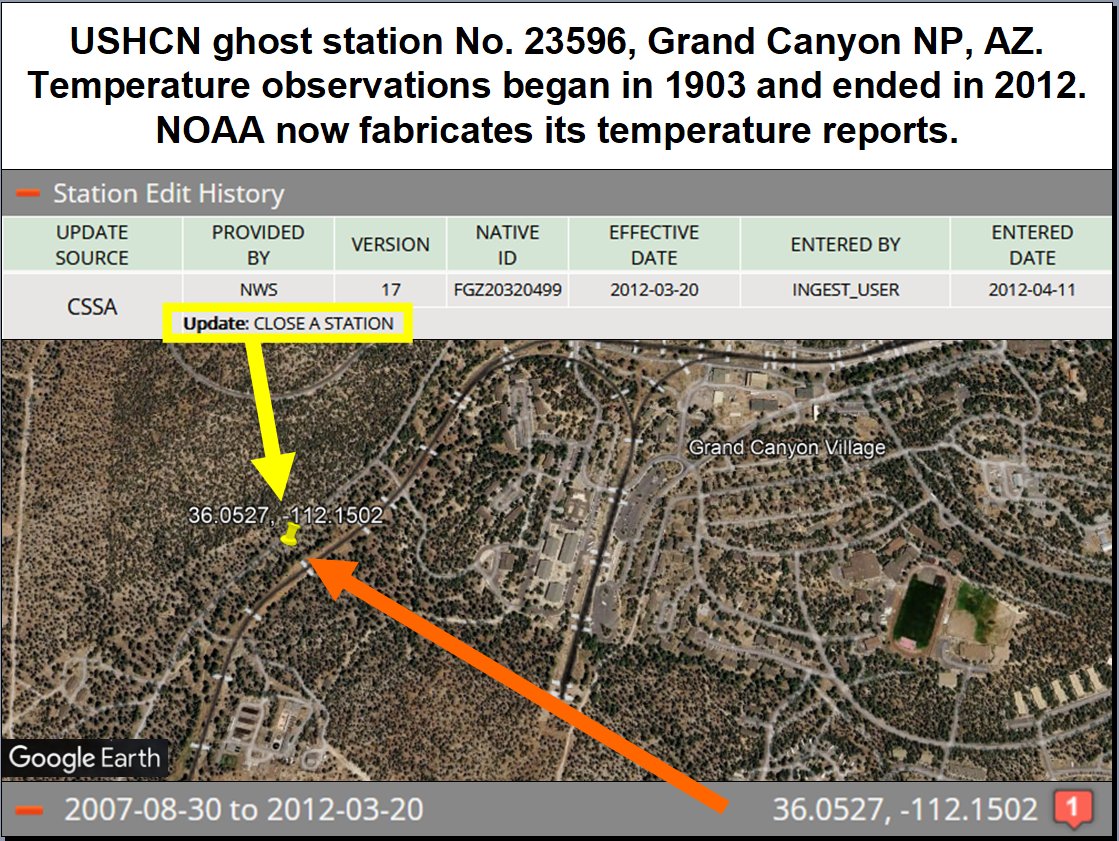 _ClimateCraze's tweet photo. The Grand Canyon, AZ also has a NOAA ghost station: USHCN No. 23596.  Another excellent rural weather station is closed and no longer reports observed data.  Instead, NOAA now fabricates its temperature data.  #NOAAghoststation  #228 https://t.co/bHZ43SmKmi