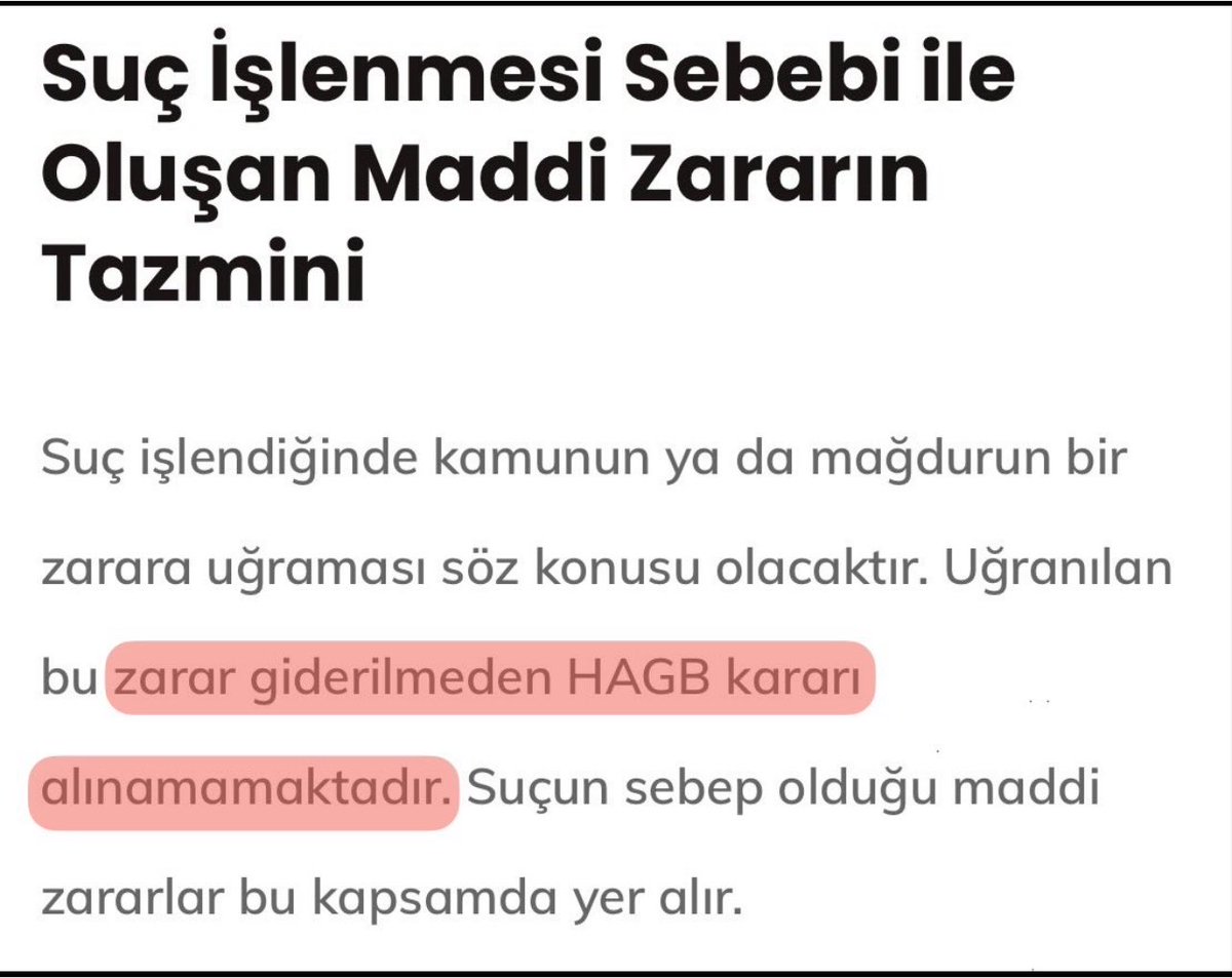trebru123's tweet photo. 📌 ÖNEMLİ BİLGİLENDİRME

158/4 UYARLAMA SÜRECİNDE İNFAZIN DURMASI NE ANLAMA GELİR?

⚖️ İlamat masaları tarafından bazı dosyalar hakkında, ilgili mahkemelerden TCK 158/4 kapsamında değerlendirme yapılması istenmektedir.

Bu kapsamda mahkeme;

✅ İnfazın durdurulmasına,
✅ Duruşma günü verilmesine

karar verebilir. Bu karar, dosya zararının ödenmiş olup olmamasından bağımsız olarak verilebilmektedir.

❗ Ancak burada dikkat edilmesi gereken çok önemli iki husus vardır:

1️⃣ İnfazın durması veya tahliye edilmeniz; dosyanızın kapandığı ya da dosya zararını artık ödemenize gerek kalmadığı anlamına gelmez.

2️⃣ İleri bir tarihte yapılacak duruşmada;

Dosya zararını ödemediyseniz, ekonomik suçlarda HAGB uygulanma ihtimali bulunmamaktadır.
Dosya zararını ödeseniz bile mahkeme, dosyanın TCK 158/4 kapsamına uygun olmadığına karar verebilir. Bu durumda hüküm yeniden kesinleşebilir ve cezanızın infazı devam edebilir.

📍 Sonuç

🔹 Zararı ödenmiş veya ödenmemiş dosyalarda verilen infazın durdurulması kararı, davanın kesin olarak lehinize sonuçlandığı anlamına gelmez.

🔹 Her dosya kendi hukuki özellikleri çerçevesinde ayrıca değerlendirilecektir.

⚠️ Unutulmamalıdır:

Ekonomik suçlarda HAGB uygulanabilmesinin temel şartlarından biri, dosya kapsamındaki zararın giderilmiş olmasıdır.

⸻

📚 Bu paylaşım genel bilgilendirme amacıyla hazırlanmıştır. Her dosya kendi somut olayına göre mahkeme tarafından ayrı ayrı değerlendirilir.

#HAGB 
#Uyarlama 
#12YargıPaketi 
#TCK158AyrımsızÇözüm 
#TCK158EkonomikSuçaEkonomikCeza
