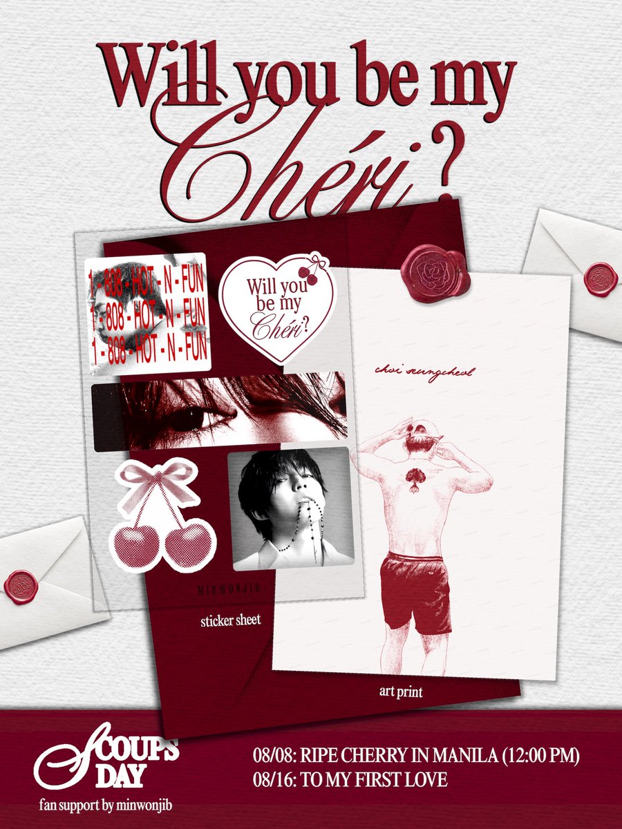 minwonjib's tweet photo. will you be my chéri? 🍒
scoups day fan support

❤︎ 08.08 #RIPECHERRYinMANILA @scoups_phil
❤︎ 08.16 #SCOUPS_FirstLove @ph_scoups 

1:1 
onsite trades only

see you! ♡ https://t.co/oJIsLBQZqU