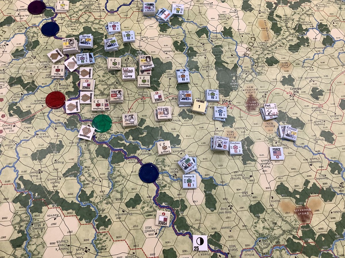 wamu2yk's tweet photo. ミドルアースにてGCACWのAIOシナリオ8で北軍担当
イニシアチブ判定で1、あるいは6でタイブレークしたらターン終了の可能性有りなのですが、ゲーム開始前はそう頻繁には起こらないだろうと思っていたのに実際には全てターン途中終了したためとても足踏みを強いられましたよ😱
シナリオ的には当たりかも https://t.co/KNHlQBltqk