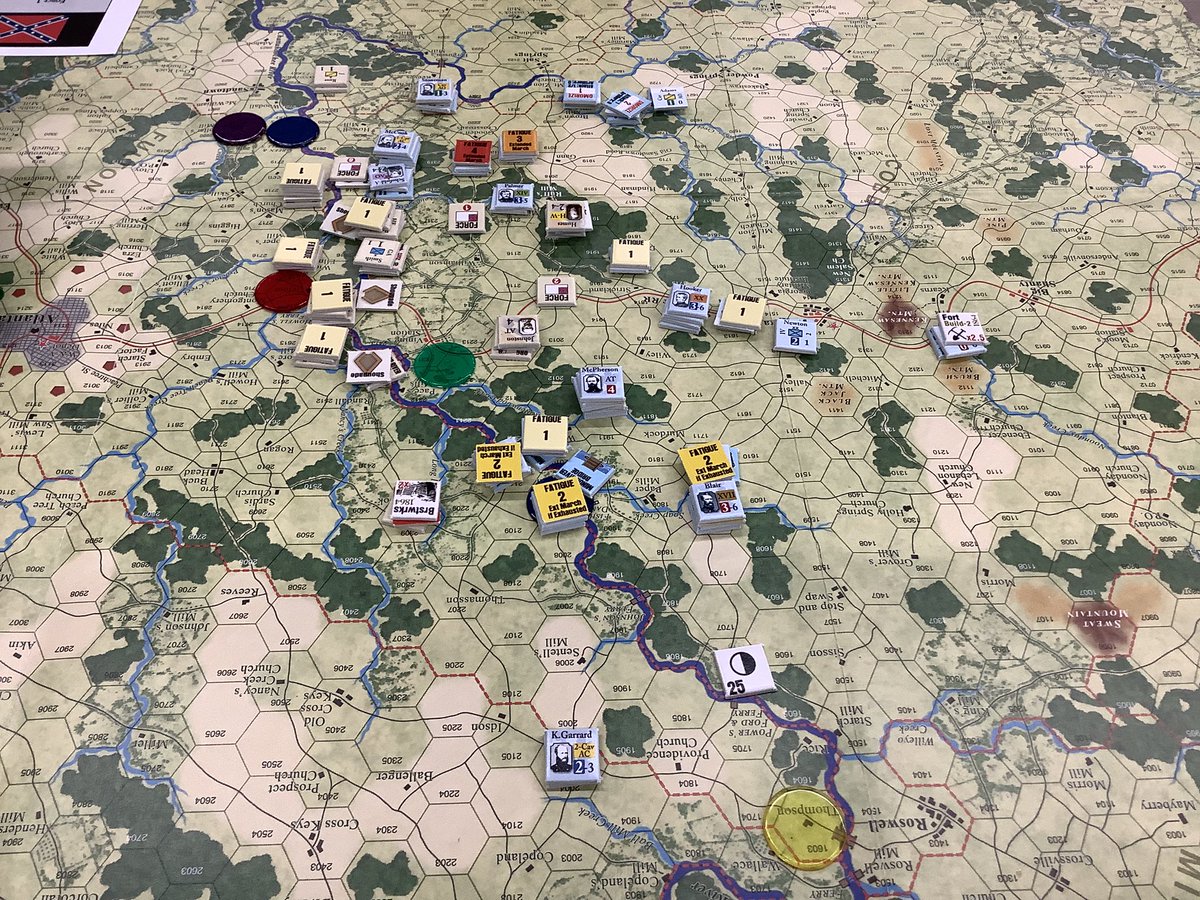 wamu2yk's tweet photo. ミドルアースにてGCACWのAIOシナリオ8で北軍担当
イニシアチブ判定で1、あるいは6でタイブレークしたらターン終了の可能性有りなのですが、ゲーム開始前はそう頻繁には起こらないだろうと思っていたのに実際には全てターン途中終了したためとても足踏みを強いられましたよ😱
シナリオ的には当たりかも https://t.co/KNHlQBltqk