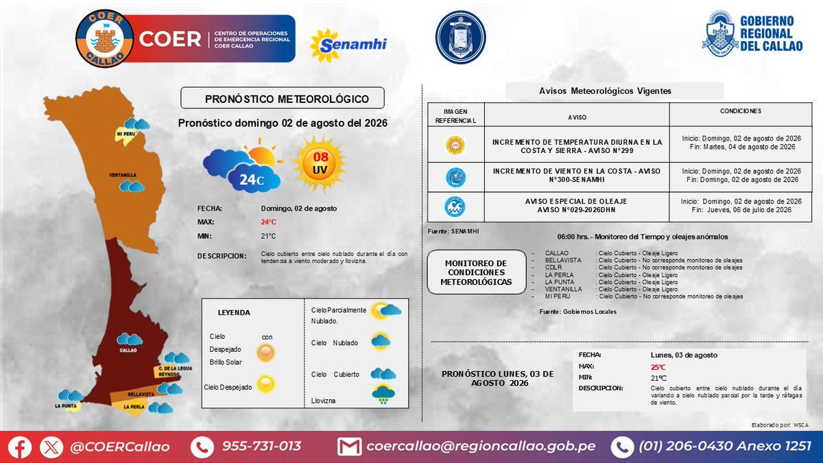 COERCallao's tweet photo. Pronóstico Meteorológico para el domingo 02 de agosto. #Callao #Bellavista #CarmenDelaLeguaReynoso #laPerla #LaPunta #MiPeru #Ventanilla #GobiernoRegionalDelCallao #COERInforma https://t.co/xVzAhYoboC
