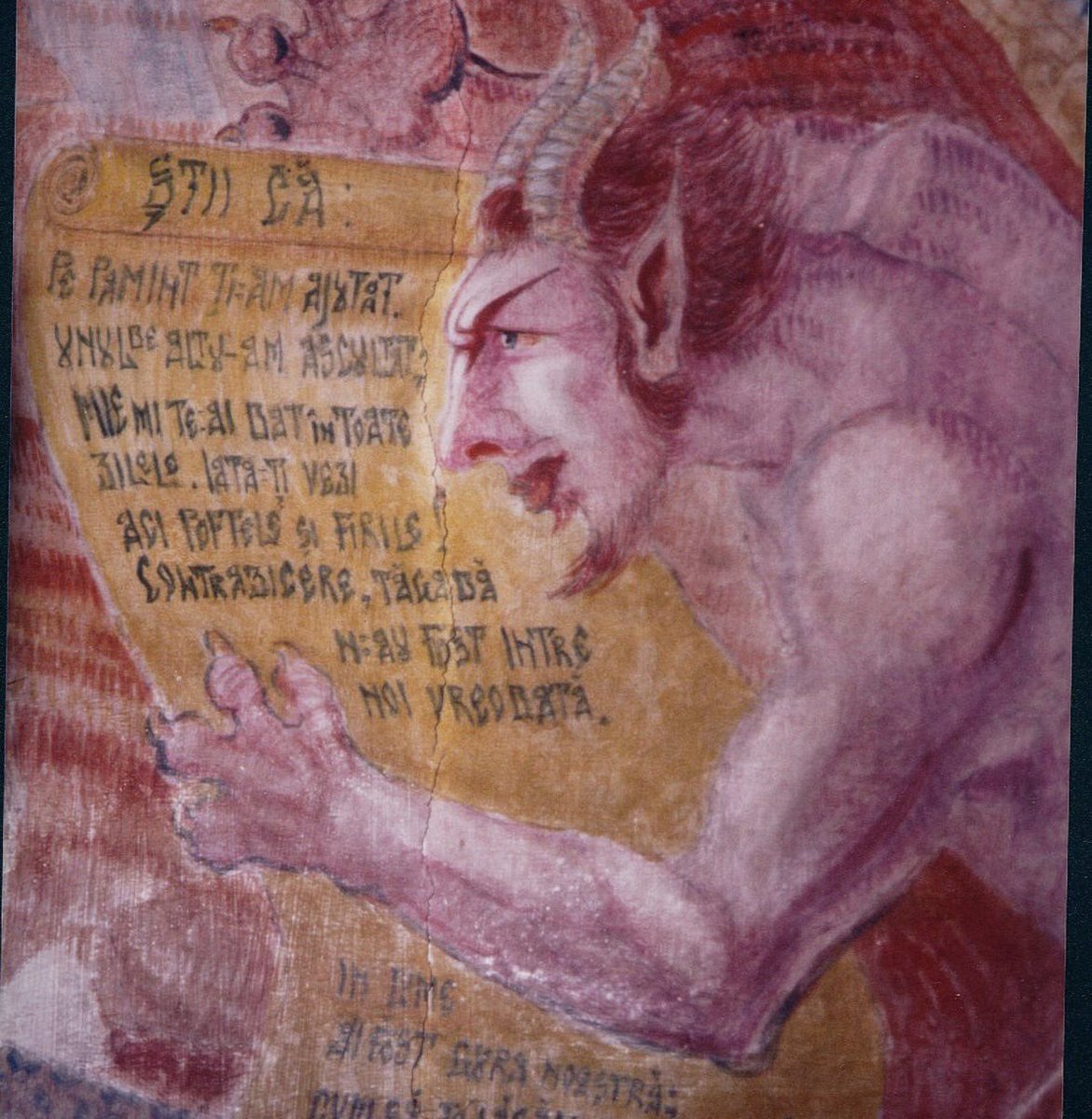 snaketrampler's tweet photo. Included among the lies listed in Saint Arsenie Boca’s Whispers of the Devil mural at Draganescu Chapel are “Science has the final say,” “Man is his own god,” and “There is no ultimate truth.” https://t.co/3fWtCMxM6B