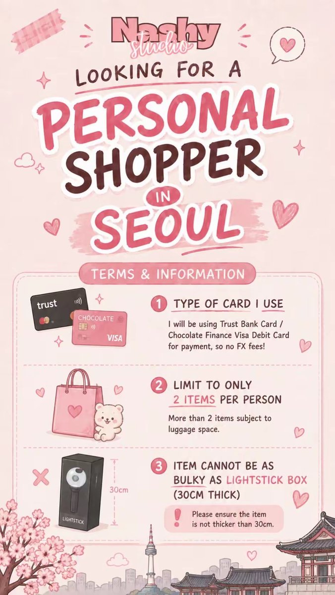NashySparkles's tweet photo. Anyone needs a personal shopper for Seoul? I’ll he heading to Seoul from 14 August - 16 August! Service fee $5 per item 😊 #personalshopper https://t.co/3uRrZC6Z5T