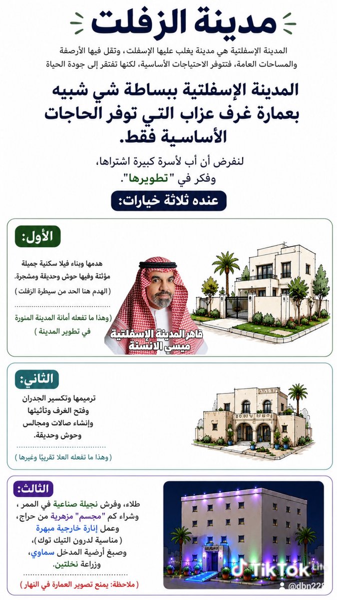 radar20810's tweet photo. 🧵 ثريد 2 :

▪︎ المدينة الإسفلتية :

- المدينة الإسفلتية هي مدينة يغلب عليها الأسفلت، وتقل فيها الأرصفة والمساحات العامة والتشجير، توفر الاحتياجات الأساسية، لكنها تفتقر إلى جودة الحياة.

- المدينة الإسفلتية ببساطة مثل عمارة غرف العزاب التي توفر الحاجات الأساسية فقط.

-لنفترض أن أب لأسرة كبيرة اشترى عمارة غرف العزاب، وفكر في "تطويرها".

- عنده ثلاثة خيارات:

الأول:

هدمها وبناء فيلا سكنية جميلة متكاملة مؤثثة وفيها حوش وحديقة ومشجرة (الهدم هنا يعني الحد من سيطرة الزفلت)

(وهذا ما تفعله أمانة المدينة المنورة في تطوير المدينة)

الثاني:
ترميمها وتكسير الجدران وفتح الغرف على بعض وتأثيثها وإنشاء صالات ومجالس وحوش وحديقة
(وهذا ما تفعله العلا تقريبًا وغيرها)

الثالث:

طلاء، وفرش نجيلة صناعية في الممر، وشراء كم "مجسم" مزهرية من حراج، وعمل إنارة خارجية مبهرة (مناسبة لدرون التيك توك)، وصبغ أرضية المدخل سماوي، وزراعة نخلتين.
(ملاحظة: يمنع تصوير العمارة في النهار)

#انسنة