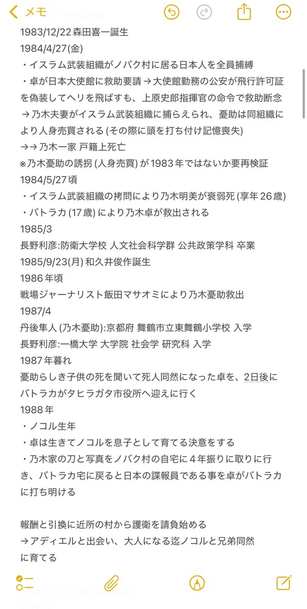 kiansyo's tweet photo. #VIVANT 時系列年表 Rev.1

【願望】
新庄浩太郎はテント潜入捜査官(公安ゼロ課で且つ別班)
野崎守は少なくても公安ゼロ課
黒須駿は1990年ではなく1988年生まれ
長野利彦専務は別班

黒須駿の剽軽、乃木憂助の頼りない表の顔を考えたら、まさかの公安鈴木も別班説ある？いやあ長野派です。 https://t.co/nM5z3z9FbG
