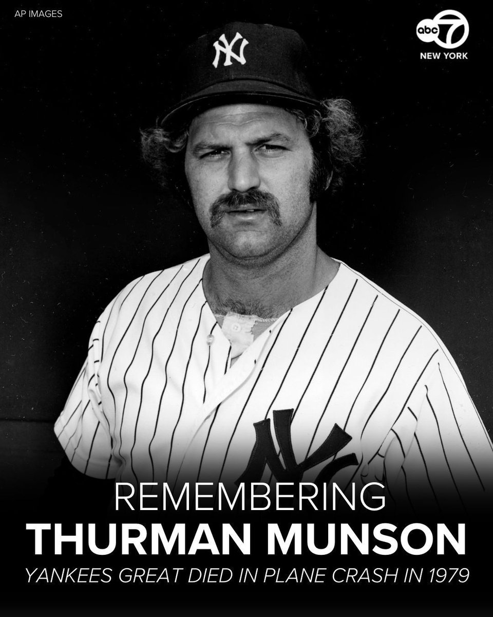 ABC7NY's tweet photo. On August 2, 1979, New York Yankees captain Thurman Munson died in the crash of his private plane while practicing takeoffs and landings at the Canton, Ohio, airport. Watch original Eyewitness News coverage from that day: https://t.co/yd2PvQzpTm https://t.co/FmQUu3MQma
