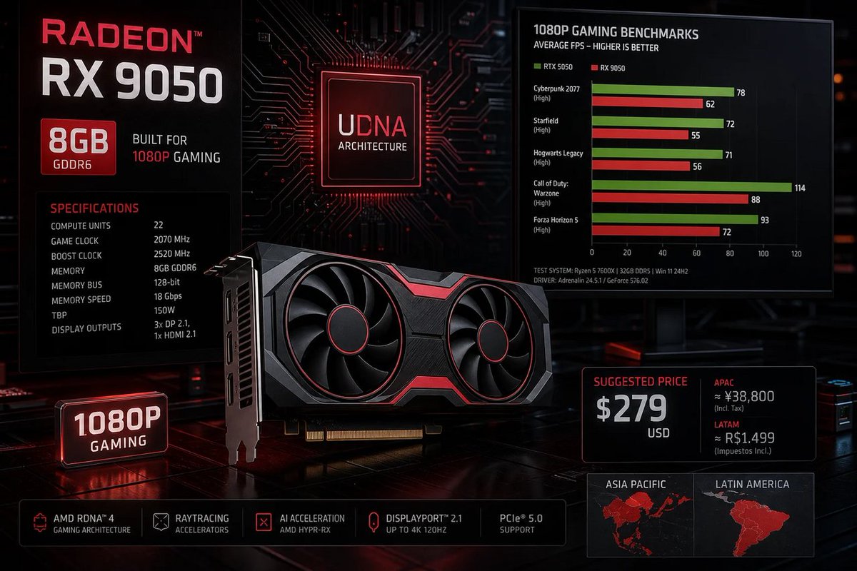 windowsforum's tweet photo. 🎮 AMD’s $279 Radeon RX 9050 targets 1080p gaming—but early tests reportedly trail Nvidia’s RTX 5050. A budget GPU launch where “budget” still demands a performance comparison.
https://t.co/lBca5UTXrN
#AmdRadeon #GpuBenchmarks #Rx9050 #Udna https://t.co/1Yjrg7vPUr