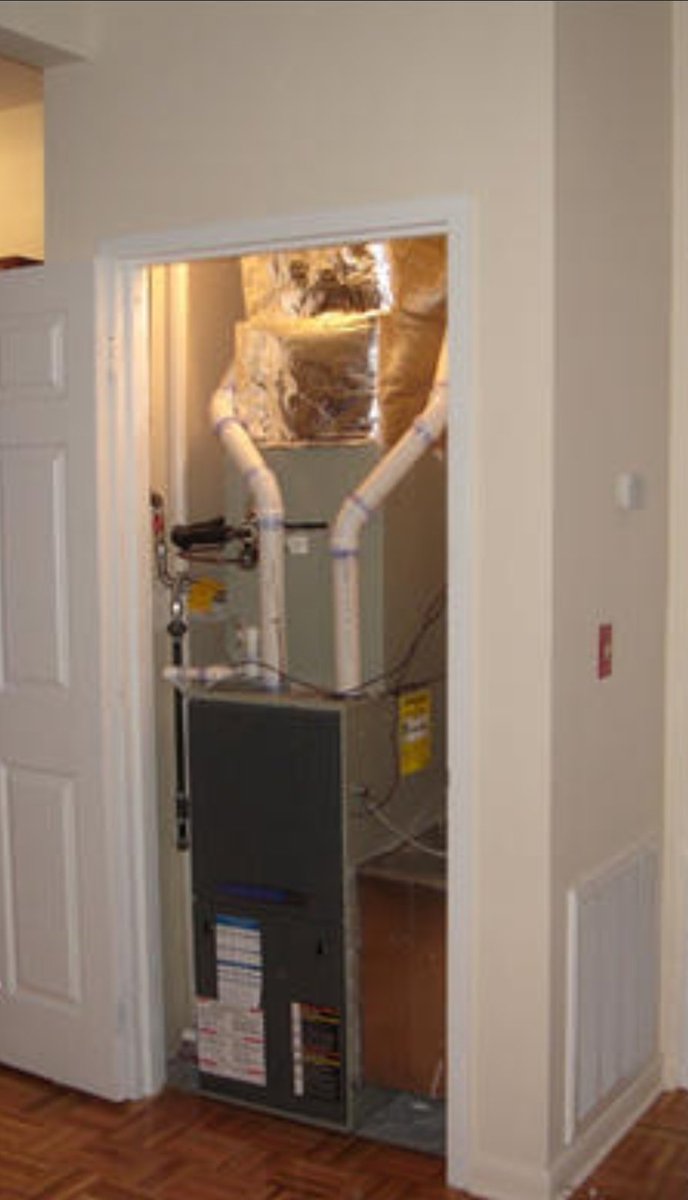 EarthCrucible's tweet photo. @sparkfae @noitsmazzie The the furnace and coils in the ceiling moves to a closet sized space near a central common room, ducting remains the same, and there's a separate AC unit outside per apartment. See pictures. https://t.co/kQ9GW2gZrv