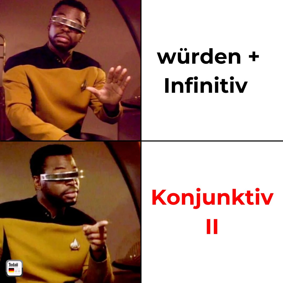 TodaiiGerman's tweet photo. 🇩🇪 ✋ What's your preferences? Würden + infinitive or Konjunktiv II? 

Würde + infinitive is one way of forming the Konjunktiv II and is used with most verbs in modern German.

___
#todaiigerman #learngerman #germany #deutschlernen #german https://t.co/2R4Cns9pf1