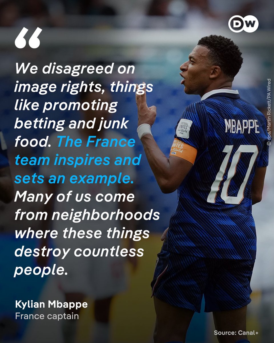 dw_sports's tweet photo. Strong stance from Mbappe 🇫🇷

Kylian Mbappe says he refuses to appear in advertisements for sports betting and junk food. 

The France captain put principles over payouts by leading a boycott against certain national team commercial duties. https://t.co/Xcoi3A4FRW