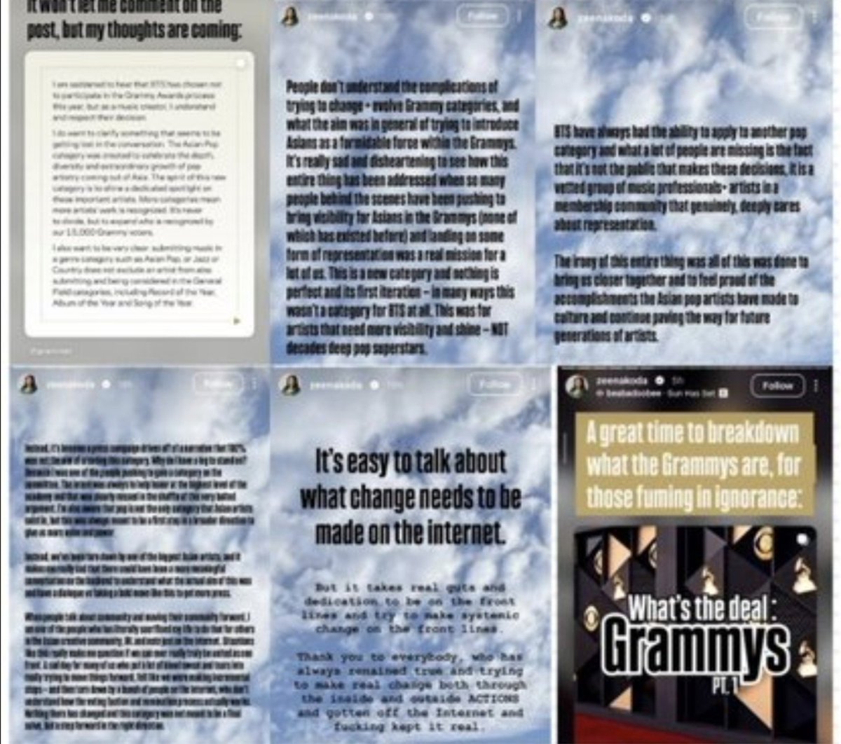 taesoothe's tweet photo. This must be true inside source. Zeena Koda in her statement said something that clearly clearly implied ultimate goal was more categories for Asians

This shit gets better and better. Grammys damages:

— lost huge global audience for their expensive first ever global livestreaming deal
— lost BTS validation for this category and segregation categories in general
— lost their launch plan to further expansion, that was based on BTS soldifying it
— lost in general the clout and validation of the biggest artist this year
— public backlash and massive PR blowback
— committee is being exposed on incompetence
— CEO is being exposed for shady personal business involvement, with media beginning to pick up on it

absolute gold