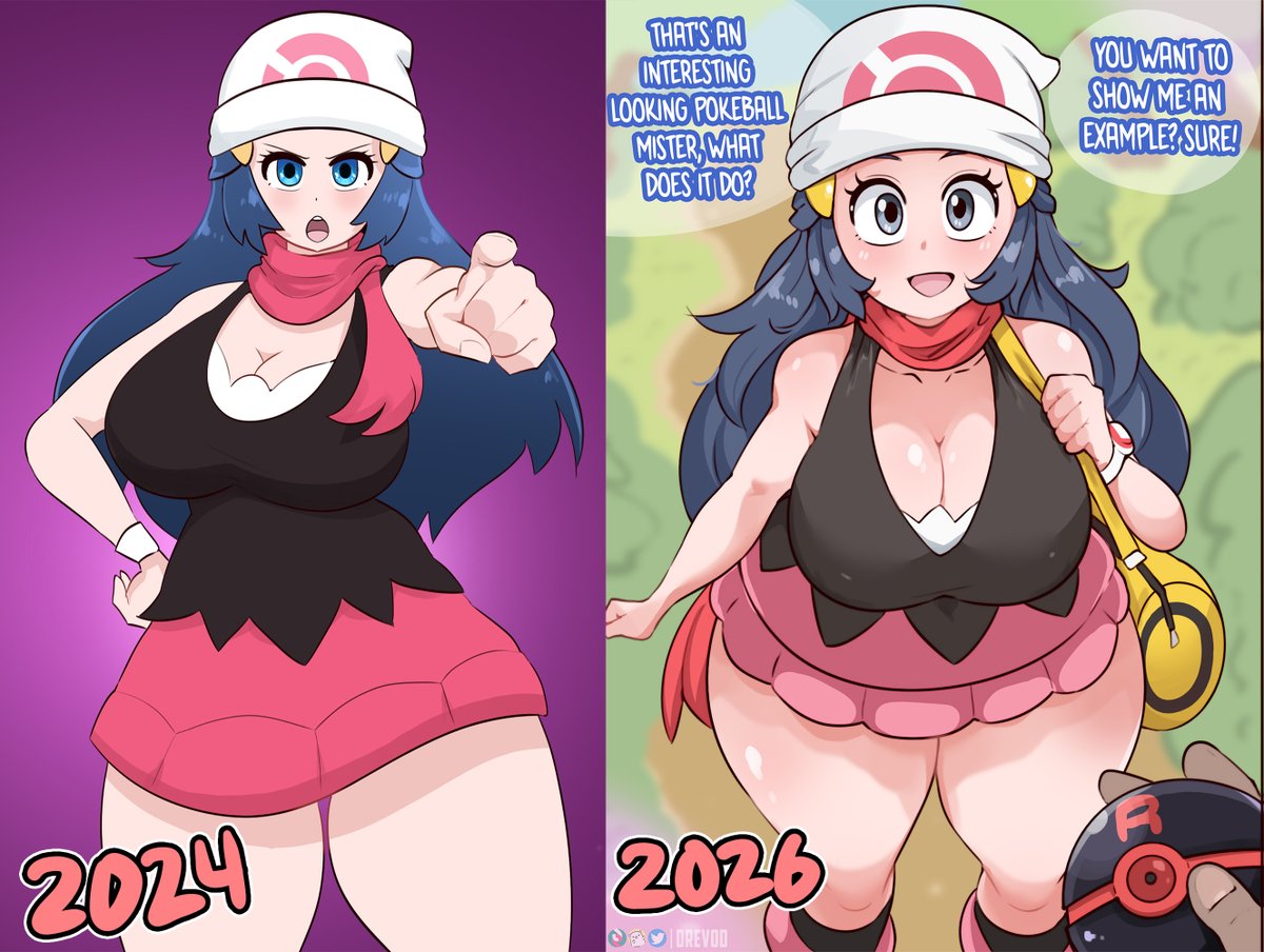 ImDrevod's tweet photo. First Dawn drawing compared to my newest one. 
Looks like two completely different artist. https://t.co/pexEE4AjS8