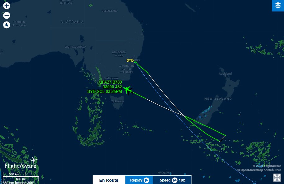 elizanow1's tweet photo. @Qantas Flight #QF27, interesting flight diversion. Departed Sydney to Santiago, after 4 hrs, made sharp U-turn in New Zealand's oceanic airspace after flying past the South Island of New Zealand - diverting back to Aus to land at Melbourne Airport soon. https://t.co/muwNLN3V7v https://t.co/hgCUWA6fGh
