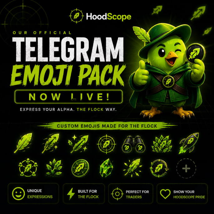 HoodScopeHQ's tweet photo. The flock just got an upgrade 

Our official HoodScope Telegram emoji pack is now live 
Express your alpha with Birbo and exclusive HoodScope emojis 

Check 👇

https://t.co/cvQbAcnQ0j https://t.co/WDmZ54B9hL