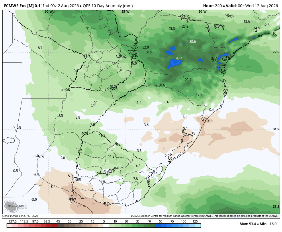 TempoSLeopoldo's tweet photo. Tendência de precipitação para os próximos 10 dias no RS: conforme o modelo IFS-ENS (ECMWF), a tendência é de chuvas perto da normalidade. Verde claro indica chuva levemente acima do normal; branco indica normalidade e marrom claro, levemente abaixo do normal. https://t.co/zsqvjeEQyV