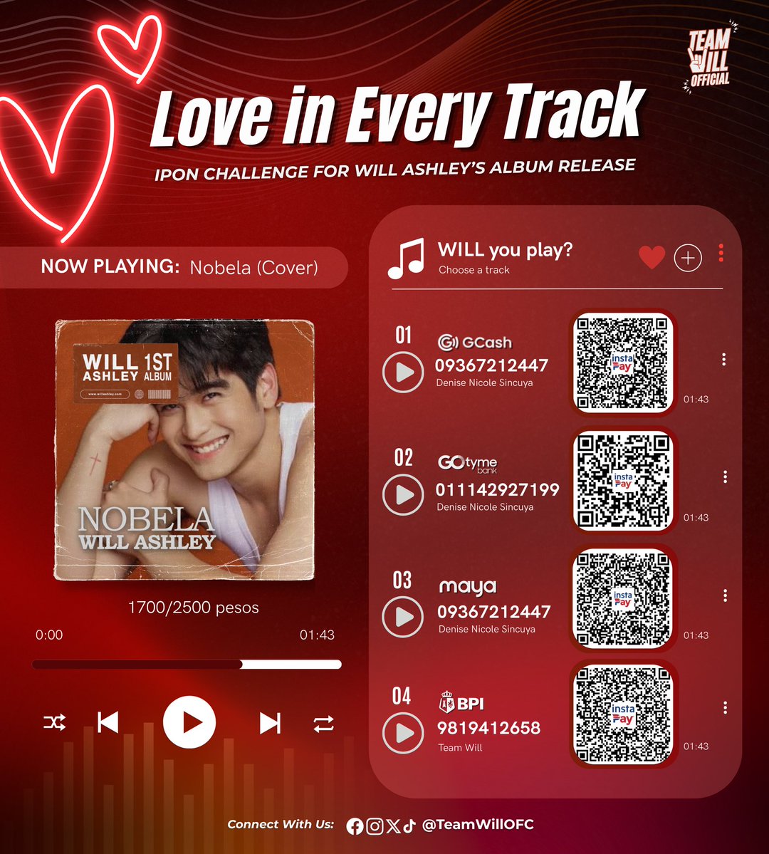 TeamWillOFC's tweet photo. 🎙️ 𝐋𝐨𝐯𝐞 𝐈𝐧 𝐄𝐯𝐞𝐫𝐲 𝐓𝐫𝐚𝐜𝐤 Progress Update

Will Ashley’s cover of 𝐇𝐚𝐧𝐠𝐠𝐚𝐧𝐠 𝐊𝐚𝐢𝐥𝐚𝐧 𝐢𝐬 𝐨𝐟𝐟𝐢𝐜𝐢𝐚𝐥𝐥𝐲 𝐬𝐨𝐥𝐝 𝐨𝐮𝐭! 🎉

Thanks to the extra song requests we received, the excess has been carried over to Will Ashley’s cover of Nobela.

We’re now just 𝟒 𝐬𝐨𝐧𝐠 𝐫𝐞𝐪𝐮𝐞𝐬𝐭𝐬 𝐚𝐰𝐚𝐲 𝐟𝐫𝐨𝐦 𝐫𝐞𝐚𝐜𝐡𝐢𝐧𝐠 𝐨𝐮𝐫 𝐭𝐚𝐫𝐠𝐞𝐭 𝐟𝐨𝐫 𝐍𝐨𝐛𝐞𝐥𝐚 and marking it as sold out too! ❤️‍🔥

You can request the song for ₱250 through any of the QR codes below. Every request brings us one step closer to supporting Will Ashley’s upcoming album release.