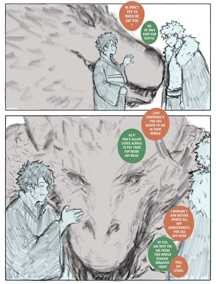 endthisdream's tweet photo. bkdk a/b/o

winter au izu is transported to fantasy au. 
izu meets kacchan and gets questioned.

He wouldn’t outright confirm who his alpha and the father of his pup is.

—but his easy closeness with the ferocious dragon basically gives it all up.

(it’s winter au kacchan, ofc) https://t.co/GlQmaRfhCn