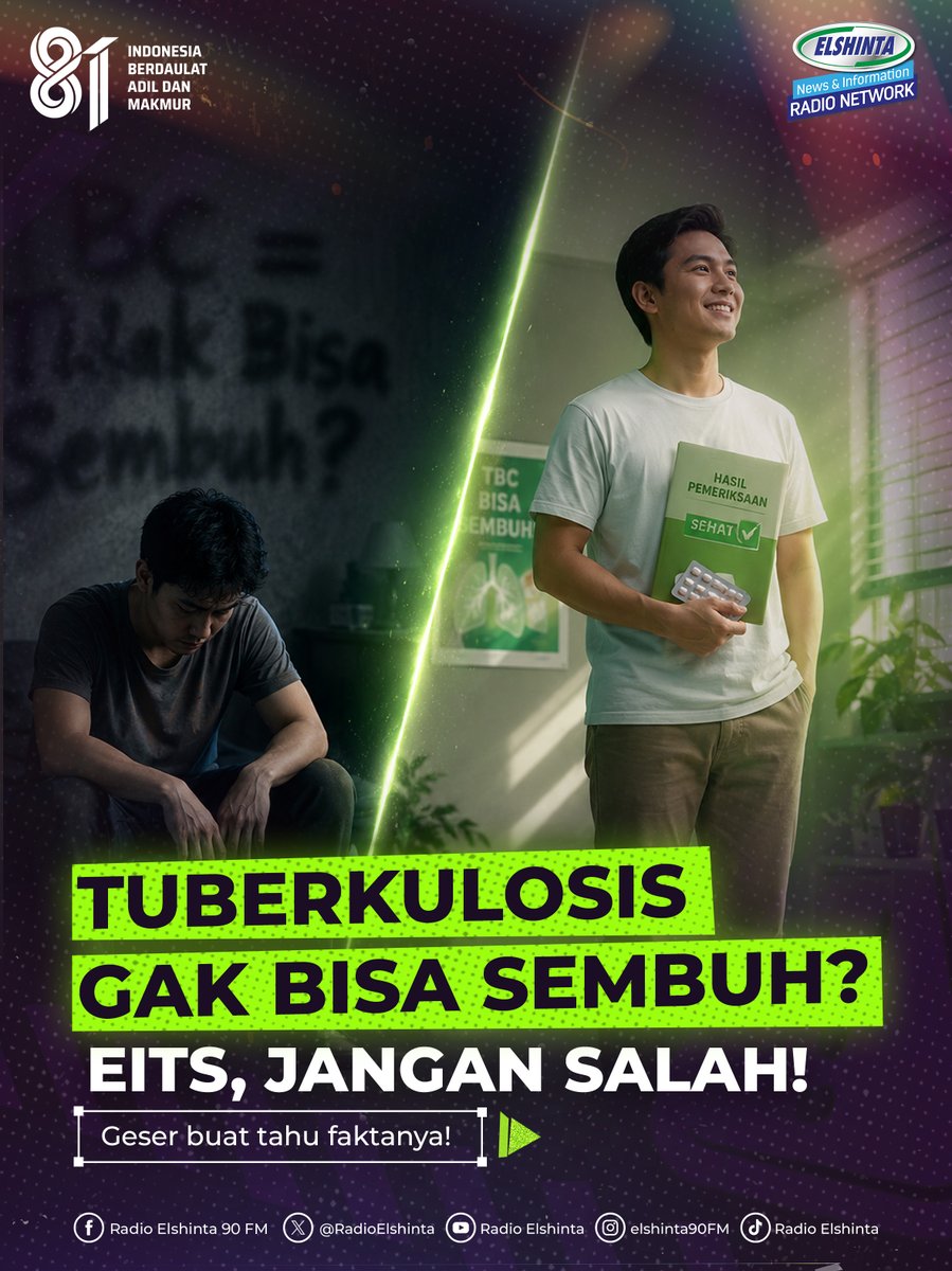 RadioElshinta's tweet photo. TBC bukan penyakit yang tidak bisa disembuhkan, lhoo!
Dengan pengobatan yang rutin dan tuntas sesuai anjuran dokter, peluang sembuh sangat besar. Jangan berhenti berobat hanya karena sudah merasa sehat.
Temukan, Obati, Sampai Sembuh, yaa! ☺️
#TBC #StopTBC #TBCMasihAdaObatnya #CegahTBC