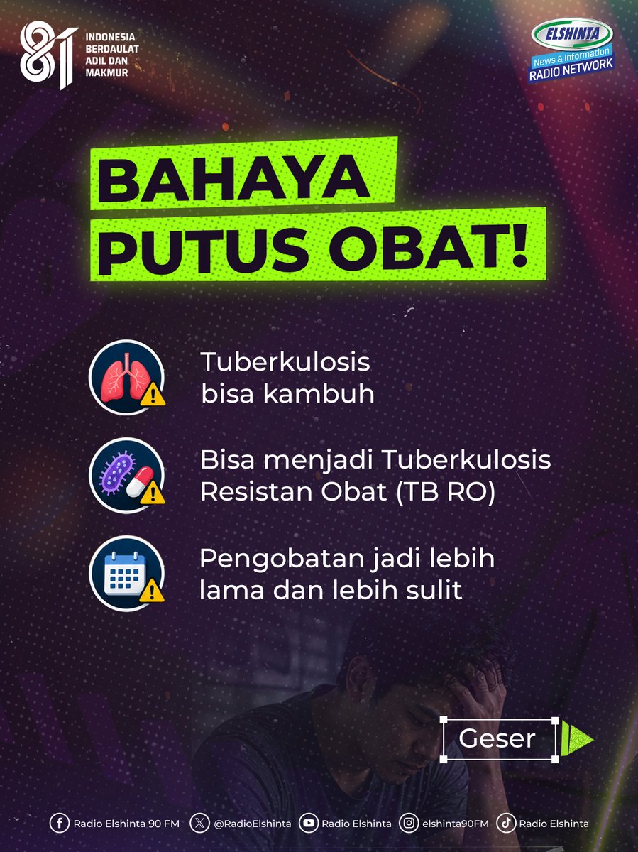 RadioElshinta's tweet photo. TBC bukan penyakit yang tidak bisa disembuhkan, lhoo!
Dengan pengobatan yang rutin dan tuntas sesuai anjuran dokter, peluang sembuh sangat besar. Jangan berhenti berobat hanya karena sudah merasa sehat.
Temukan, Obati, Sampai Sembuh, yaa! ☺️
#TBC #StopTBC #TBCMasihAdaObatnya #CegahTBC
