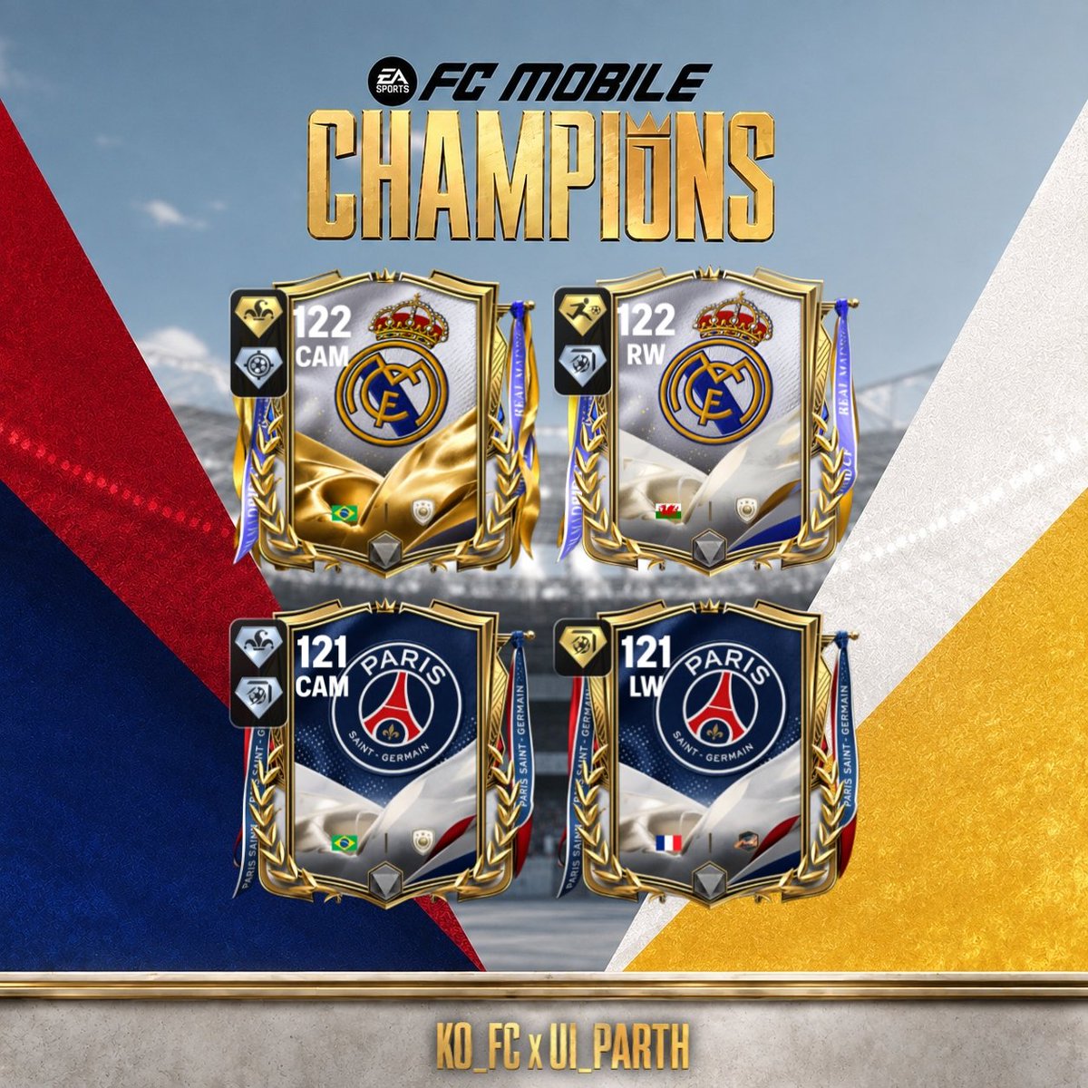 KOFC_710's tweet photo. Club legends. Eternal legacy. 🏆🤍💙
Real Madrid &amp; PSG kick off the Champions event in #FCMobile this  next Thursday!  On 13 aug 🔥⚽. https://t.co/J4URDkcUz9