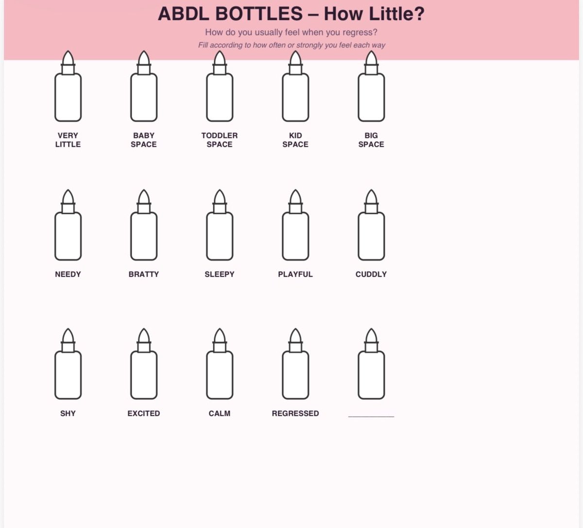 ScottishNappy's tweet photo. ABDL Bottles worksheets 🍼
Fill the bottles based on what you like / how you feel!
Includes: • How Little? • Caregiver Style • Diaper Likes • Activities • Little Space comforts
Just color them in — full = love it, empty = not for me.
Perfect for littles, caregivers, or anyone exploring.
Which bottles are you filling up first? 👀
#ABDL #Littlespace #AgePlay #ABDLCommunity #LittleSpace