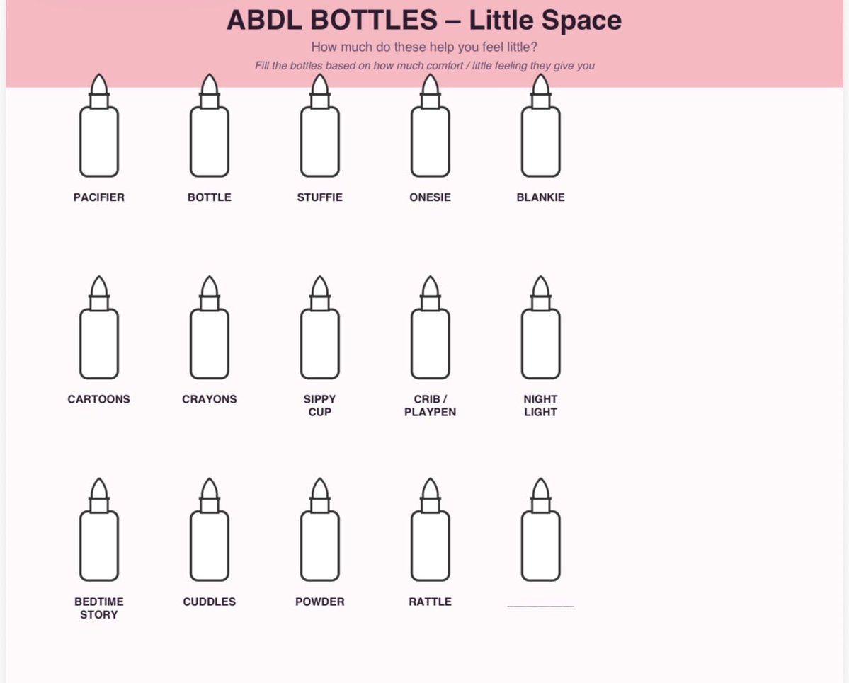 ScottishNappy's tweet photo. ABDL Bottles worksheets 🍼
Fill the bottles based on what you like / how you feel!
Includes: • How Little? • Caregiver Style • Diaper Likes • Activities • Little Space comforts
Just color them in — full = love it, empty = not for me.
Perfect for littles, caregivers, or anyone exploring.
Which bottles are you filling up first? 👀
#ABDL #Littlespace #AgePlay #ABDLCommunity #LittleSpace