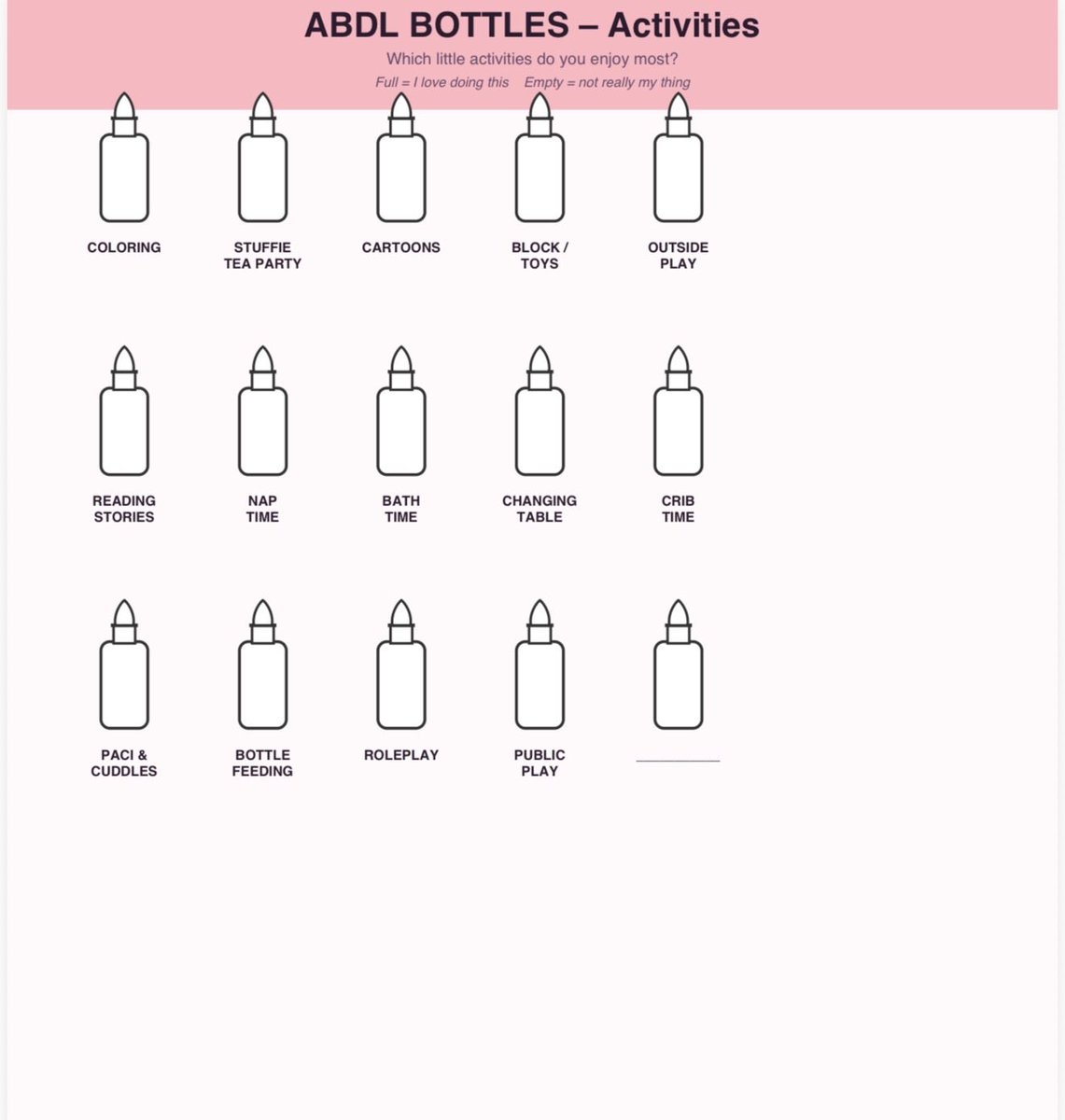 ScottishNappy's tweet photo. ABDL Bottles worksheets 🍼
Fill the bottles based on what you like / how you feel!
Includes: • How Little? • Caregiver Style • Diaper Likes • Activities • Little Space comforts
Just color them in — full = love it, empty = not for me.
Perfect for littles, caregivers, or anyone exploring.
Which bottles are you filling up first? 👀
#ABDL #Littlespace #AgePlay #ABDLCommunity #LittleSpace