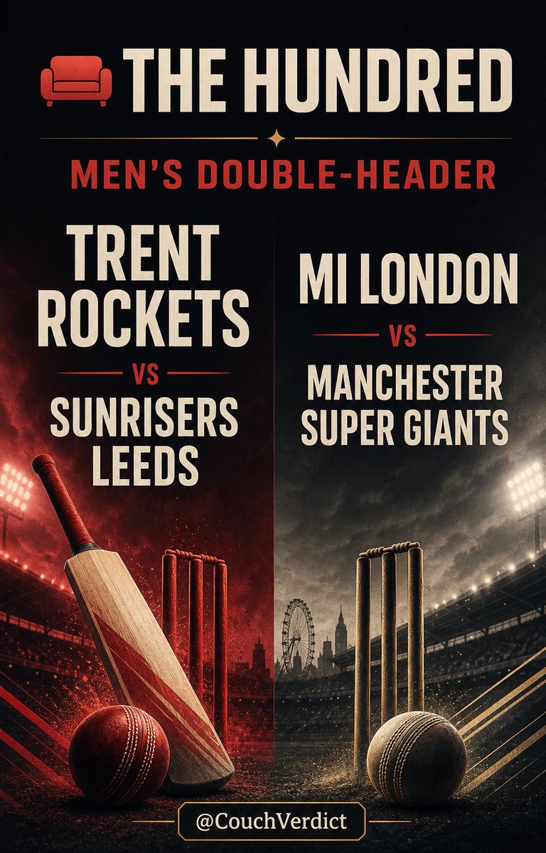 CouchVerdict's tweet photo. 🛋️ The Hundred: men’s double-header

14:30 BST — Trent Rockets v SunRisers Leeds  
18:00 BST — MI London v Manchester Super Giants

Two games. Four teams. No room for a “let’s see how it goes” phase—the Hundred has already started counting.

Who are you backing?

#TheHundred #Cricket