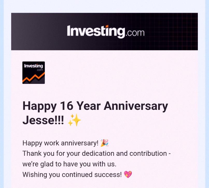 anpanms's tweet photo. ちょっとした近況報告です📣 今週で@Investingcomに入社して丸16年になりました！🎉🎉

本当にすごいチームと、いつも支えてくれるこの素敵なコミュニティに感謝しかないです。

これまでのチャンスに感謝しつつ、これからも楽しみにしてます🙏🙏 https://t.co/C0hQPOMgJV