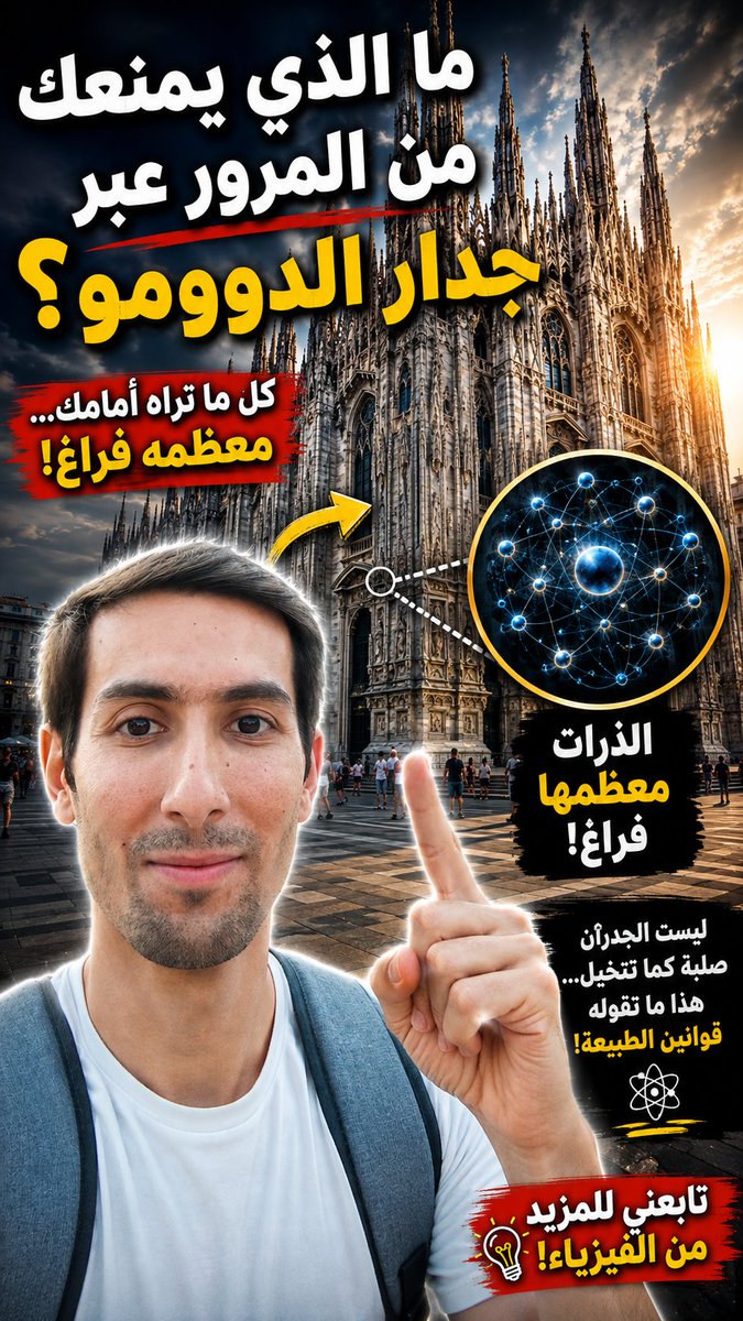 PhysicsBeyondAr's tweet photo. ما الذي يمنعك من المرور عبر جدار كاتدرائية الدوومو؟
هل تعلم أن كاتدرائية الدوومو، وكل ما تراه حولك، معظمه فراغ؟ 🤯
الفيزياء تكشف أن الواقع أغرب بكثير مما نتخيل.
#فيزياء #الدوومو #ميلانو #علوم #ميكانيكا_الكم https://t.co/G1jKUuOmpt