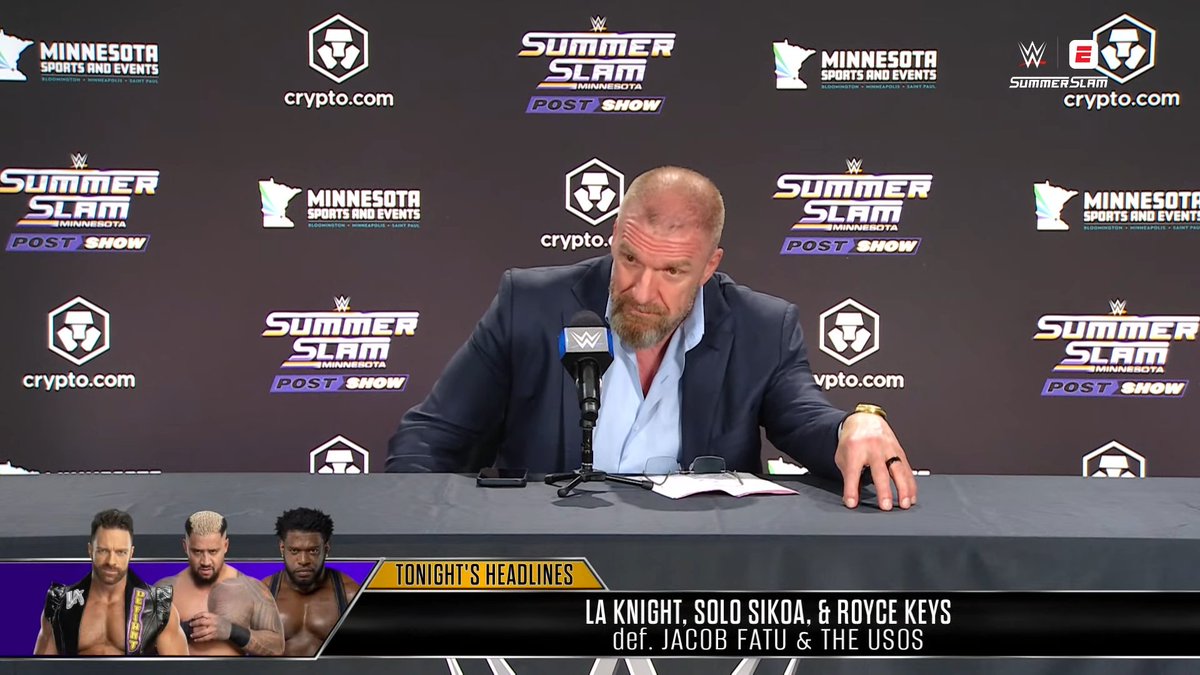 Total_CatchYT's tweet photo. 🎙️ Triple H répond aux critiques selon lesquelles ce sont toujours les mêmes noms qui occupent les Main Event à la WWE :

"Quand quelqu'un demande : "Pourquoi ne suis-je pas à cette place ?", je réponds : je ne sais pas. Es-tu plus populaires que Cody ? Plus populaire que Roman ? Plus populaire que Punk ? Plus populaire que Liv ? Ou IYO ? 

Alors, atteint ce niveau. Provoque ces réactions du public. Fais ce qu'il faut pour y arriver. Si tu n'es pas prêt à mériter cette place, tu ne devrais pas l'avoir de toute façon." 

#SummerSlam